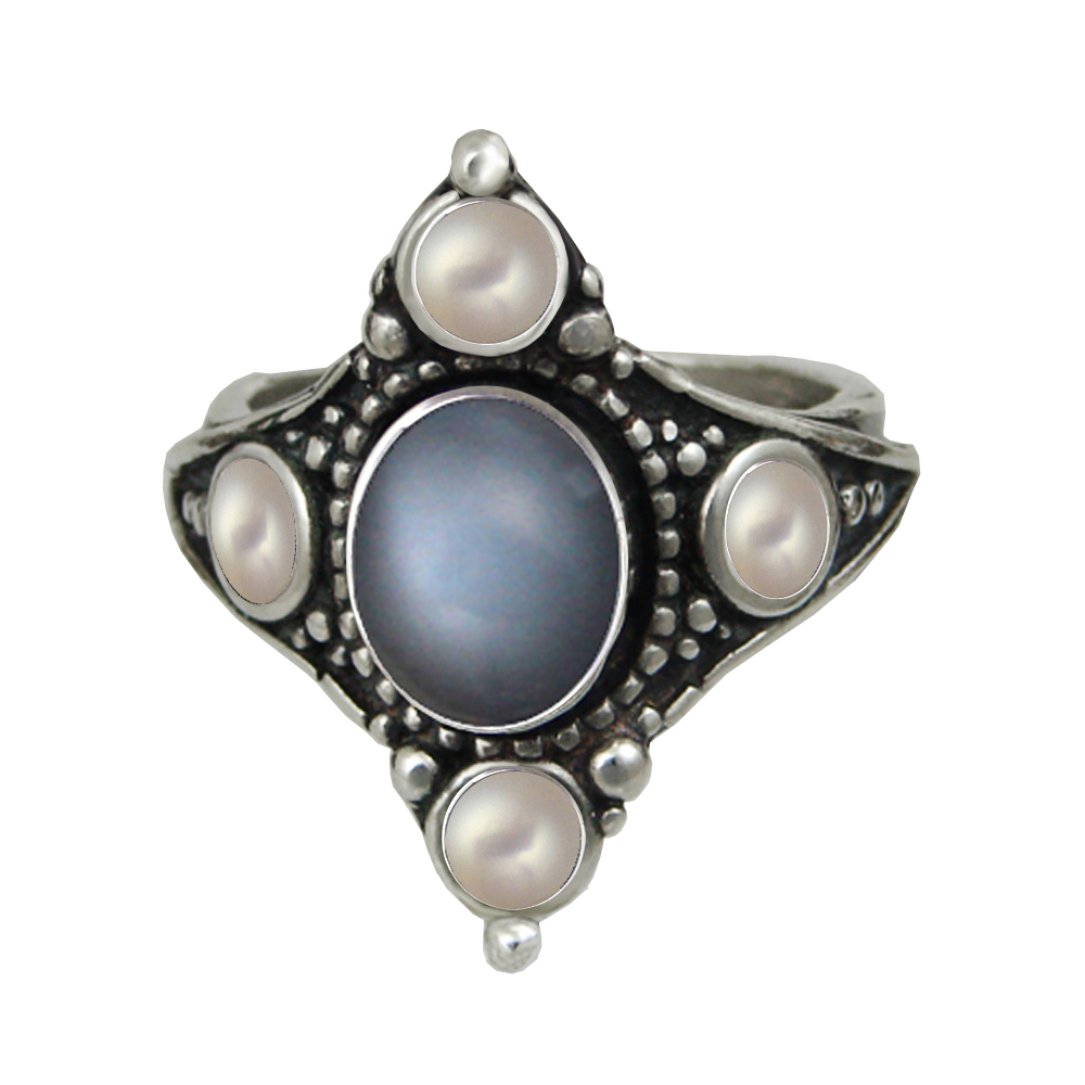 Sterling Silver Queen's Ring With Grey Moonstone And Cultured Freshwater Pearl Size 10